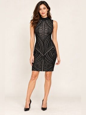 Belle & Sky sleeveless high collar overlay‎ fit silhouette black dress Sz M